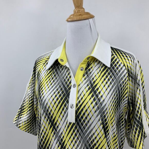 GG Blue Polo Shirt Womens M Multi Geo Print Snap Button Collared Short Sleeve - Picture 3 of 10